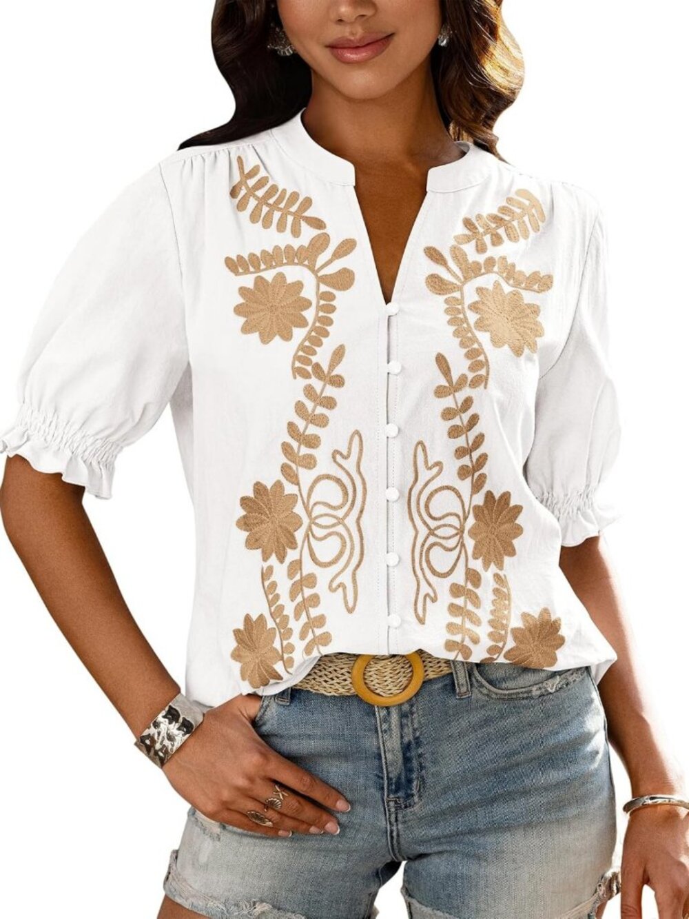 Floral Boho Embroidered Blouse - Women's Summer Casual Top, Dressy Style